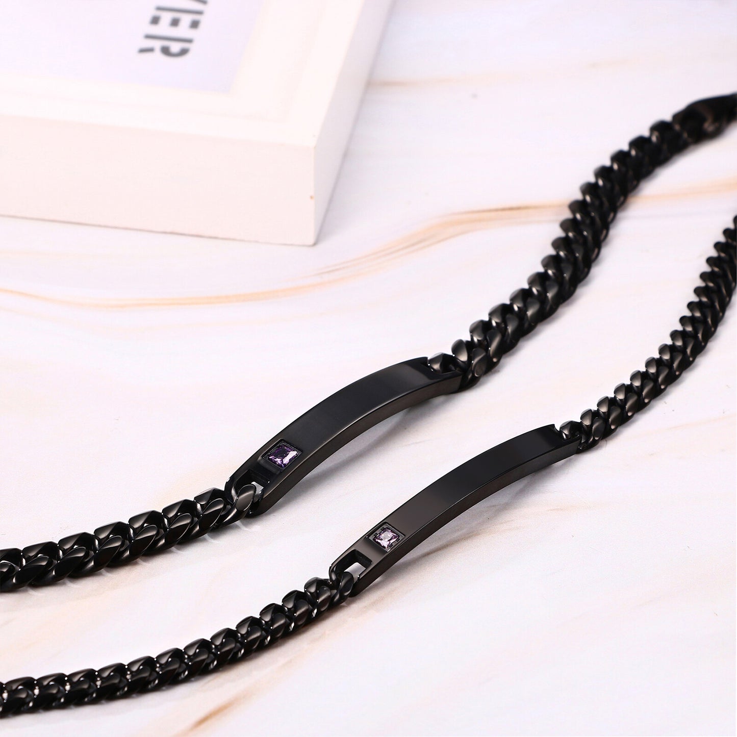 2PCs Couple's Personalized Stainless Steel Cuban Link CZ Bracelet - Boniskiss