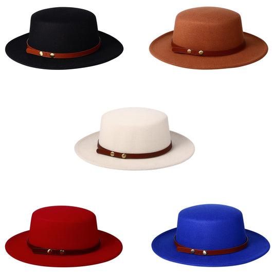 Flat Top Fedora Hat with Detachable Belt - Boniskiss
