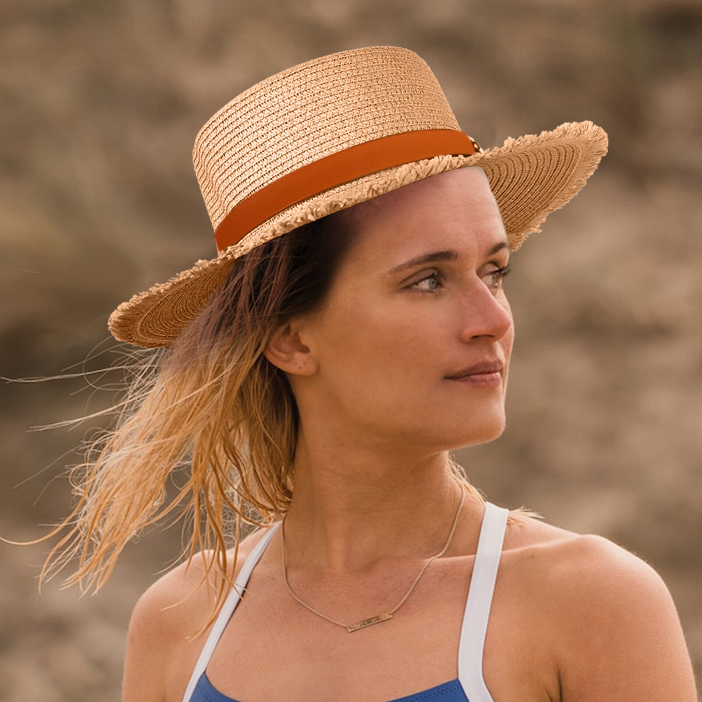 Sombrero de paja con cinturón retro para mujer de Boniskiss - Sombrero Panamá Fedora para el sol en la playa de verano con visera de rafia