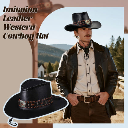 Faux Leather Western Cowboy Hat with Braided Band - Boniskiss