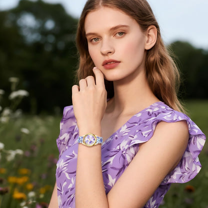 Boniskiss Slim Boho Flower Painting Wrist Watch - Floral Dial PU Band Analog Quartz Wrist Watch