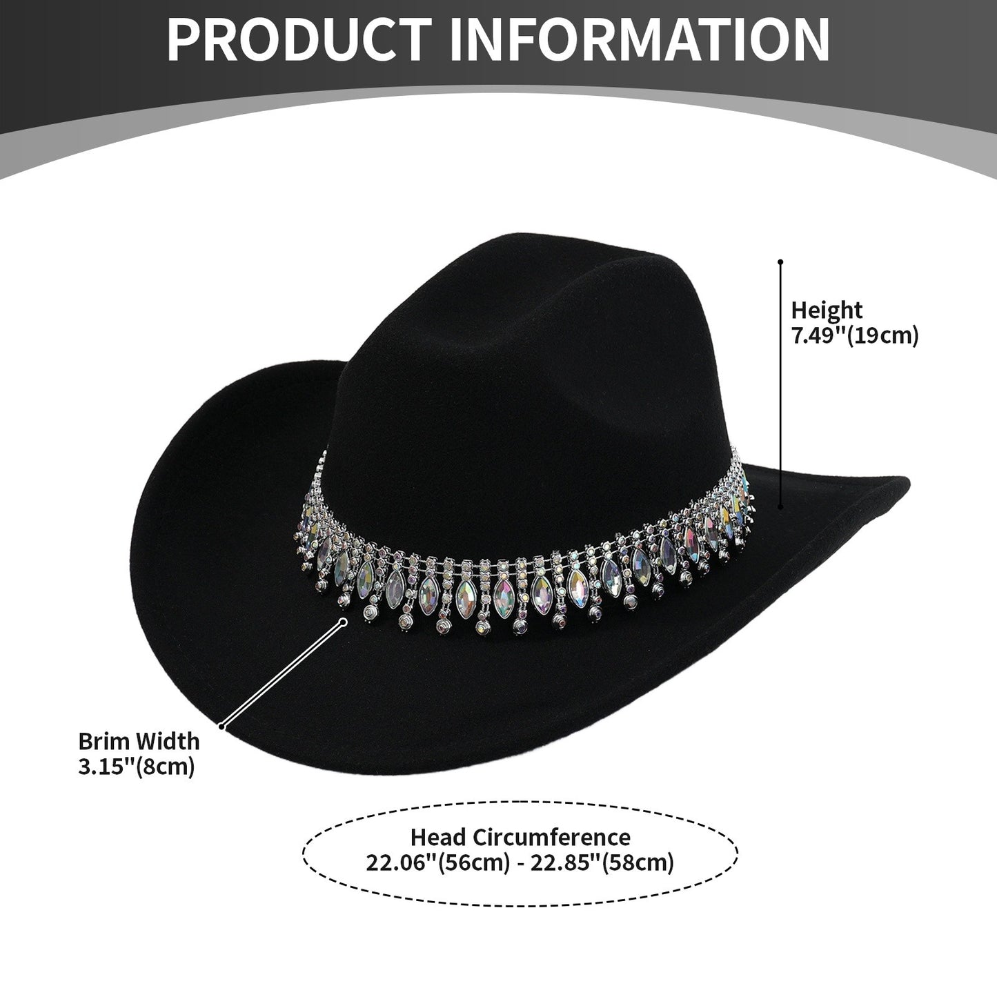 Retro Wide Brim Cowboy Hat with Rhinestone Chain Sparkly Western Hat - Boniskiss