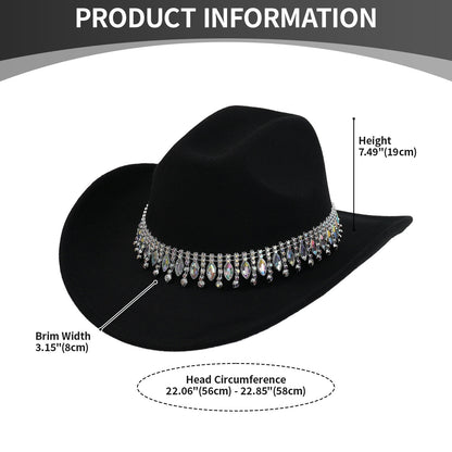 Retro Wide Brim Cowboy Hat with Rhinestone Chain Sparkly Western Hat - Boniskiss