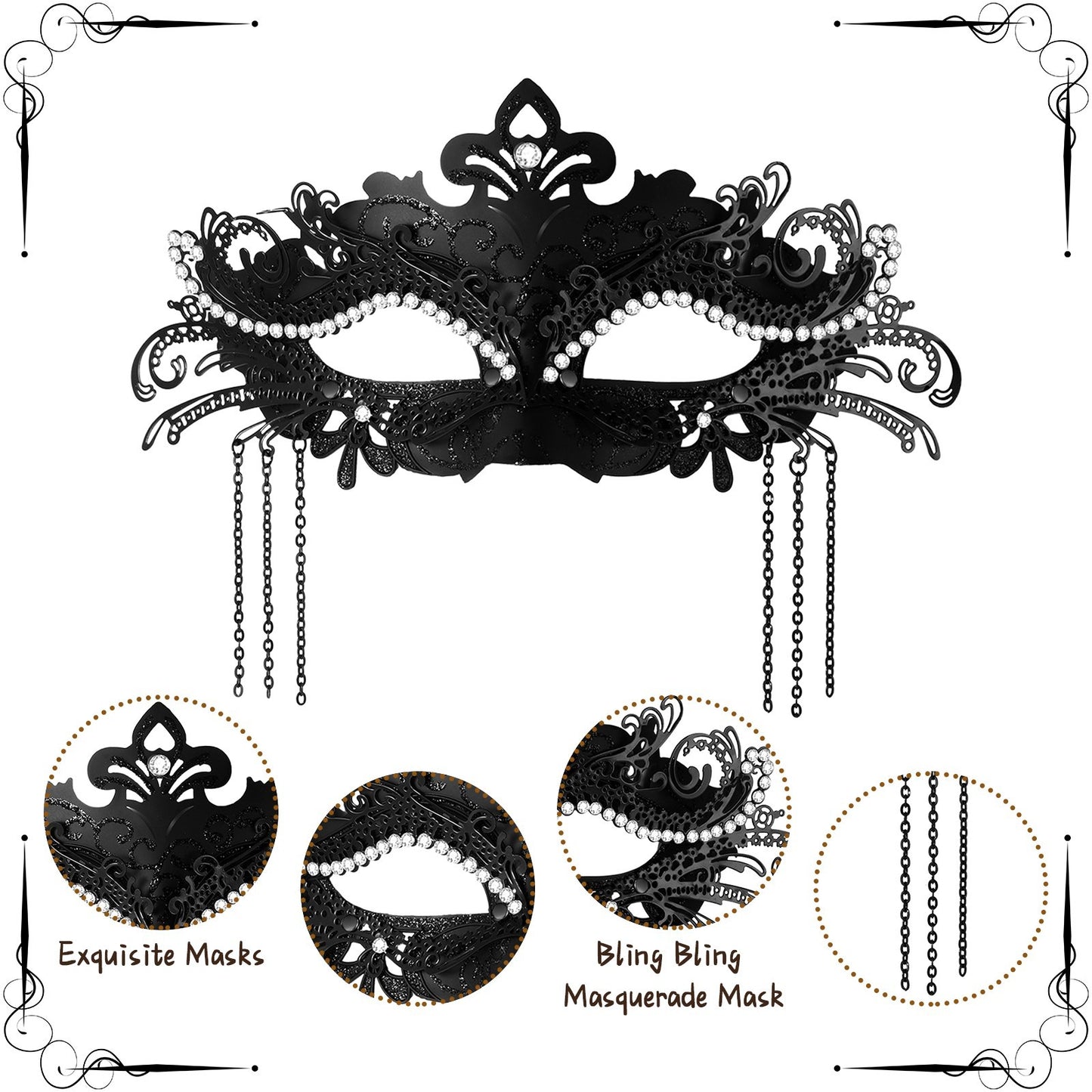 Boniskiss Women's Tassel Mask - Metal Rhinestones Venice Masks for Halloween Carnival Party Masquerade