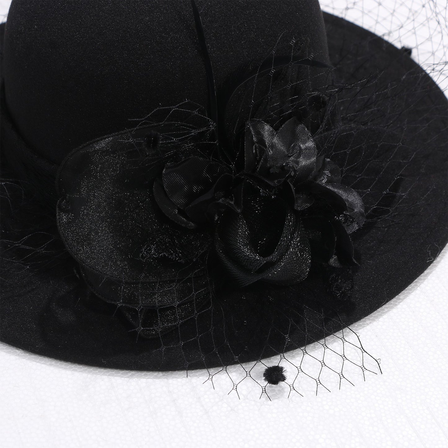 Cloche Veiled Church Felt Hat with Flower Decoration - Boniskiss