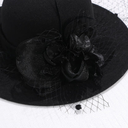 Cloche Veiled Church Felt Hat with Flower Decoration - Boniskiss