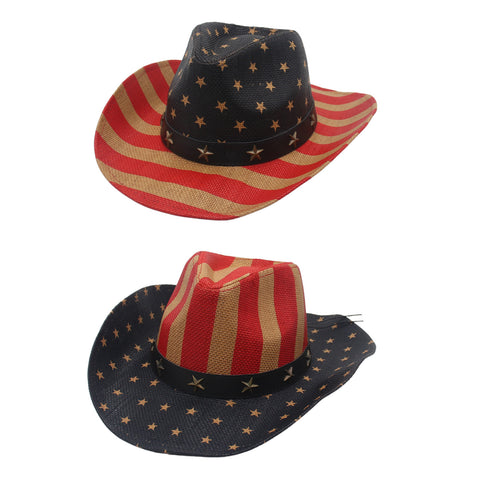 Boniskiss American Flag Cowboy Hat - Shape-It Brim Straw Western Cap for Men & Women