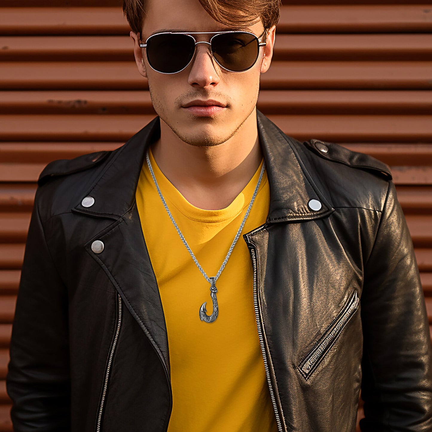 Boniskiss Men's Stainless Steel Lucky Fish Hook 3D Wave Pattern Casting Dangle Necklace Gift