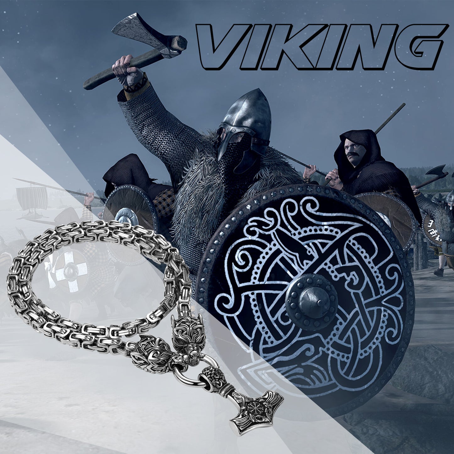 Mens Retro Viking Wolf Head Thor's Hammer Dangle Amulet Byzantine Chain Necklace