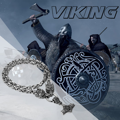 Mens Retro Viking Wolf Head Thor's Hammer Dangle Amulet Byzantine Chain Necklace