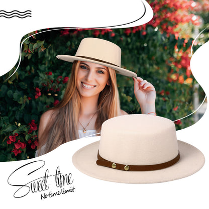 Flat Top Fedora Hat with Detachable Belt - Boniskiss