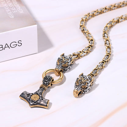 Mens Retro Viking Wolf Head Thor's Hammer Dangle Amulet Byzantine Chain Necklace