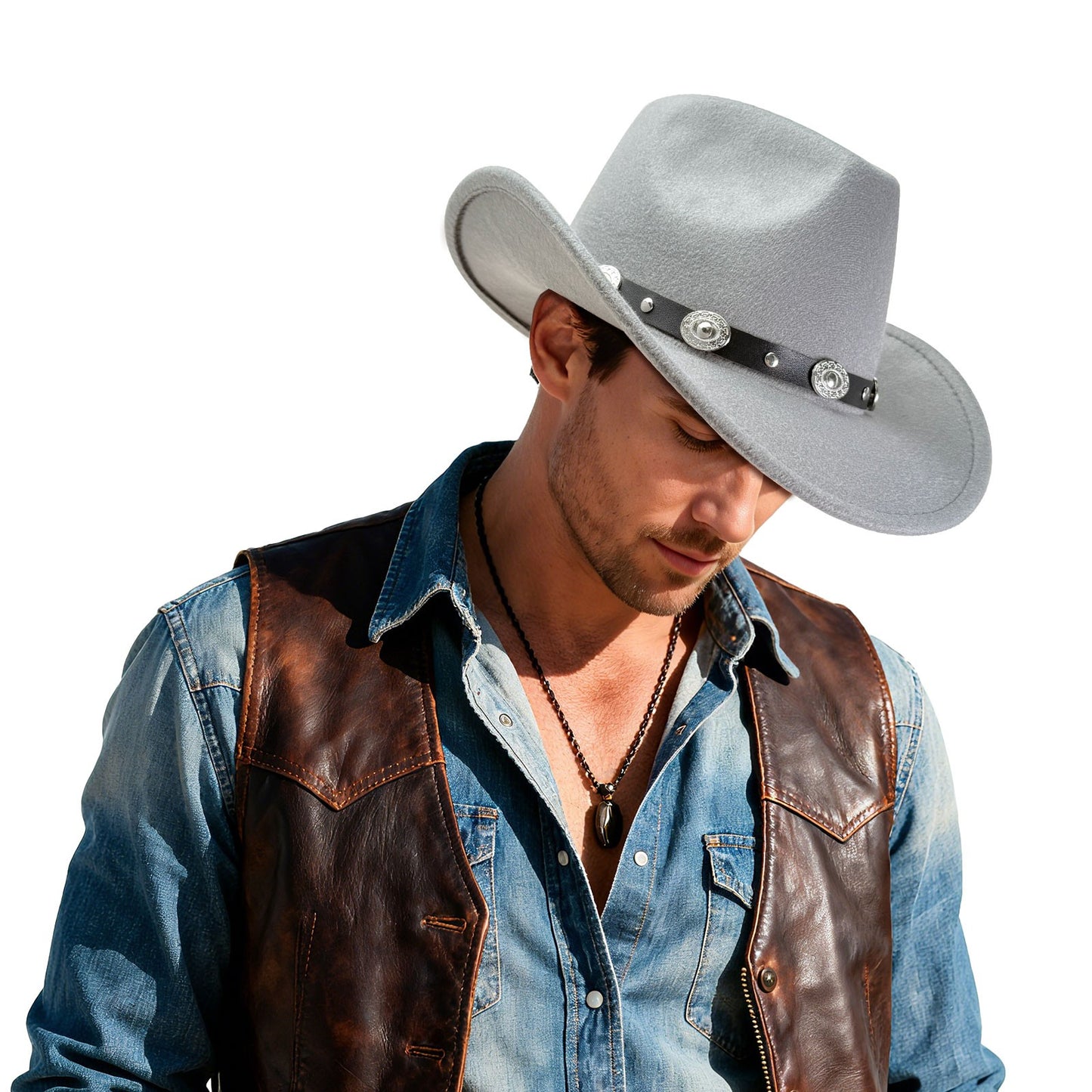 Western Cowboy Hat with Metal Decorative Band Wide Brim Styling Hat - Boniskiss