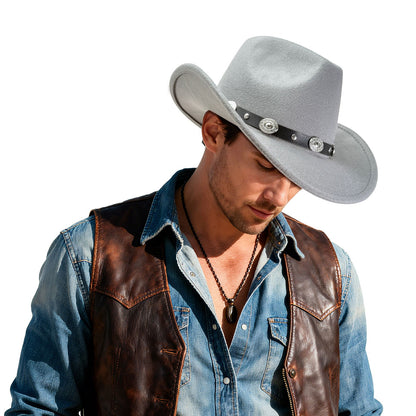 Western Cowboy Hat with Metal Decorative Band Wide Brim Styling Hat - Boniskiss