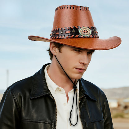 Faux Leather Western Cowboy Hat with Braided Band - Boniskiss