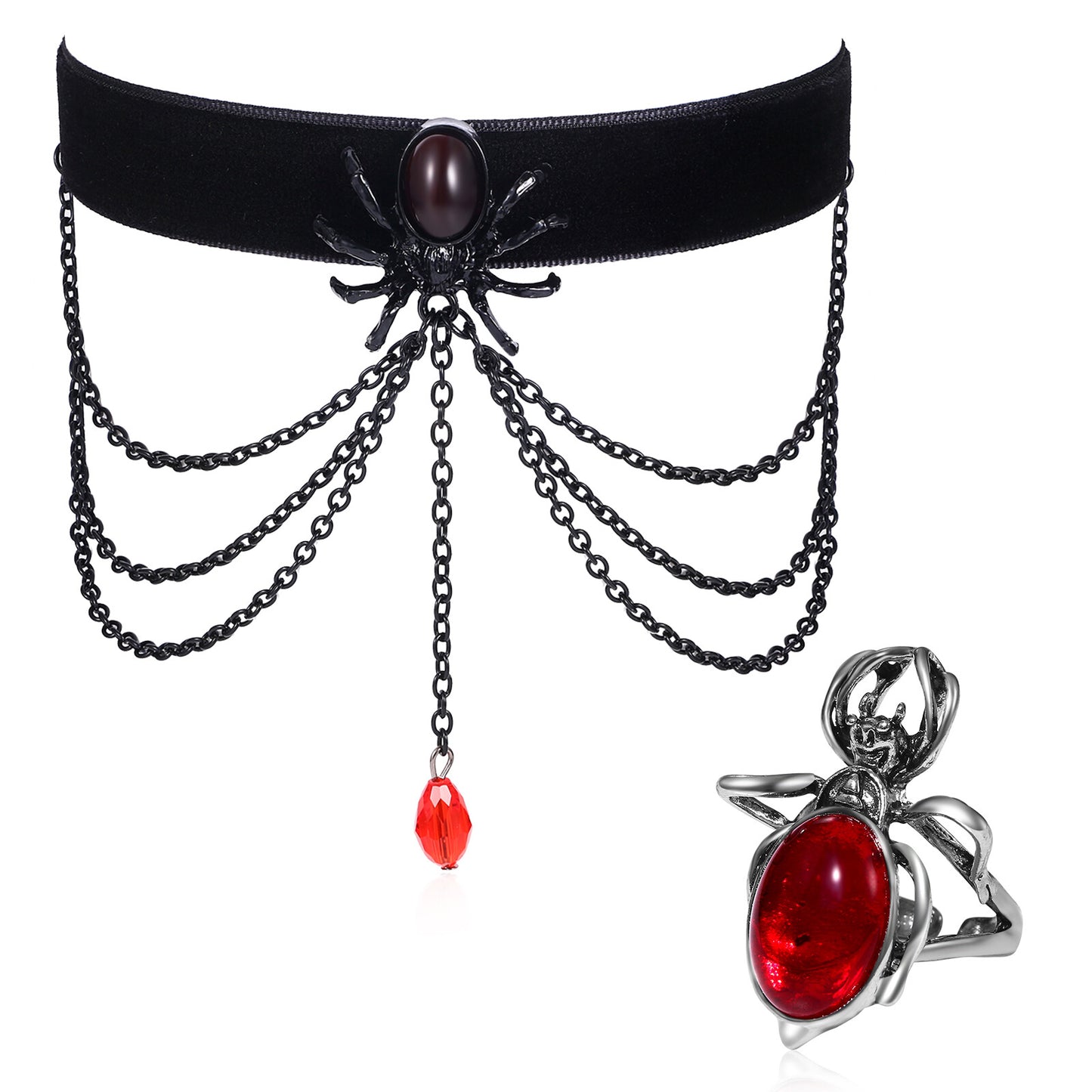 Boniskiss Women Tassel Spider Necklace Ring Set - Halloween Retro Gothic Red Crystal Pendant Necklace Ring Jewelry Set
