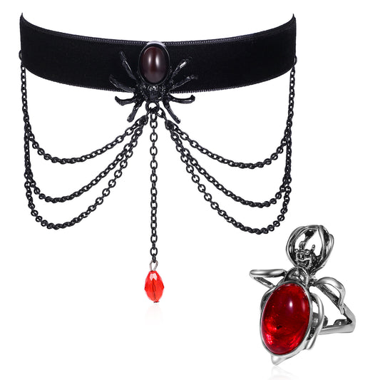 Boniskiss Women Tassel Spider Necklace Ring Set - Halloween Retro Gothic Red Crystal Pendant Necklace Ring Jewelry Set