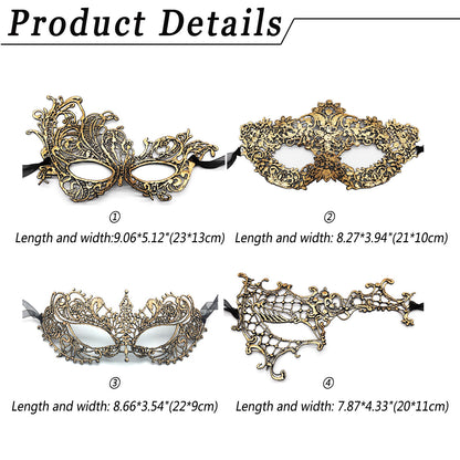 Boniskiss 4PCs Women's Venetian Gold Lace Mask Set - Party Masquerade Mardi Gras Eye Mask Set