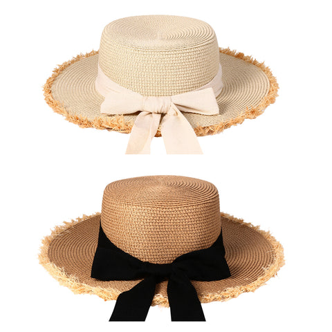 Boniskiss Women's Bow Knot Ribbon Straw Hat-Panama Fedora Summer Beach Sun Hat