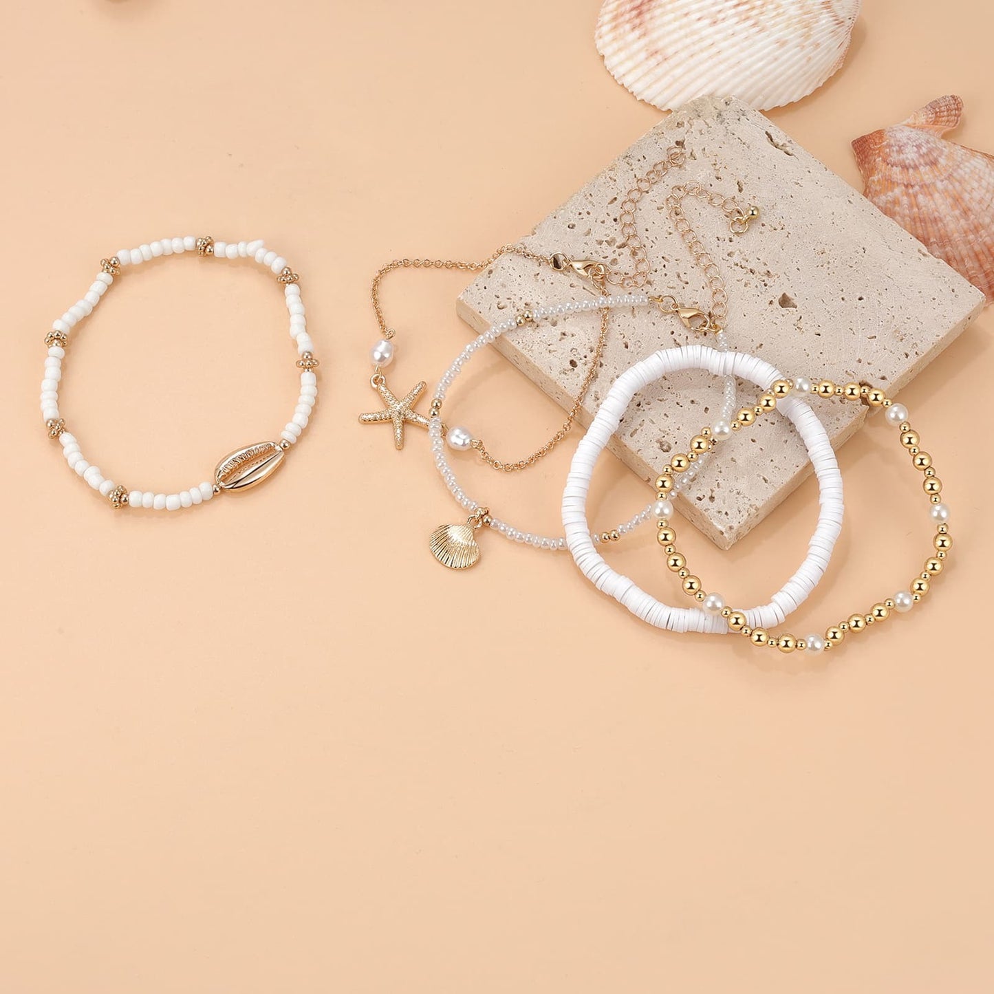 Boniskiss Bohemian Shell Anklets Set - Marine Life Anklets for Holiday Seaside Pool Party