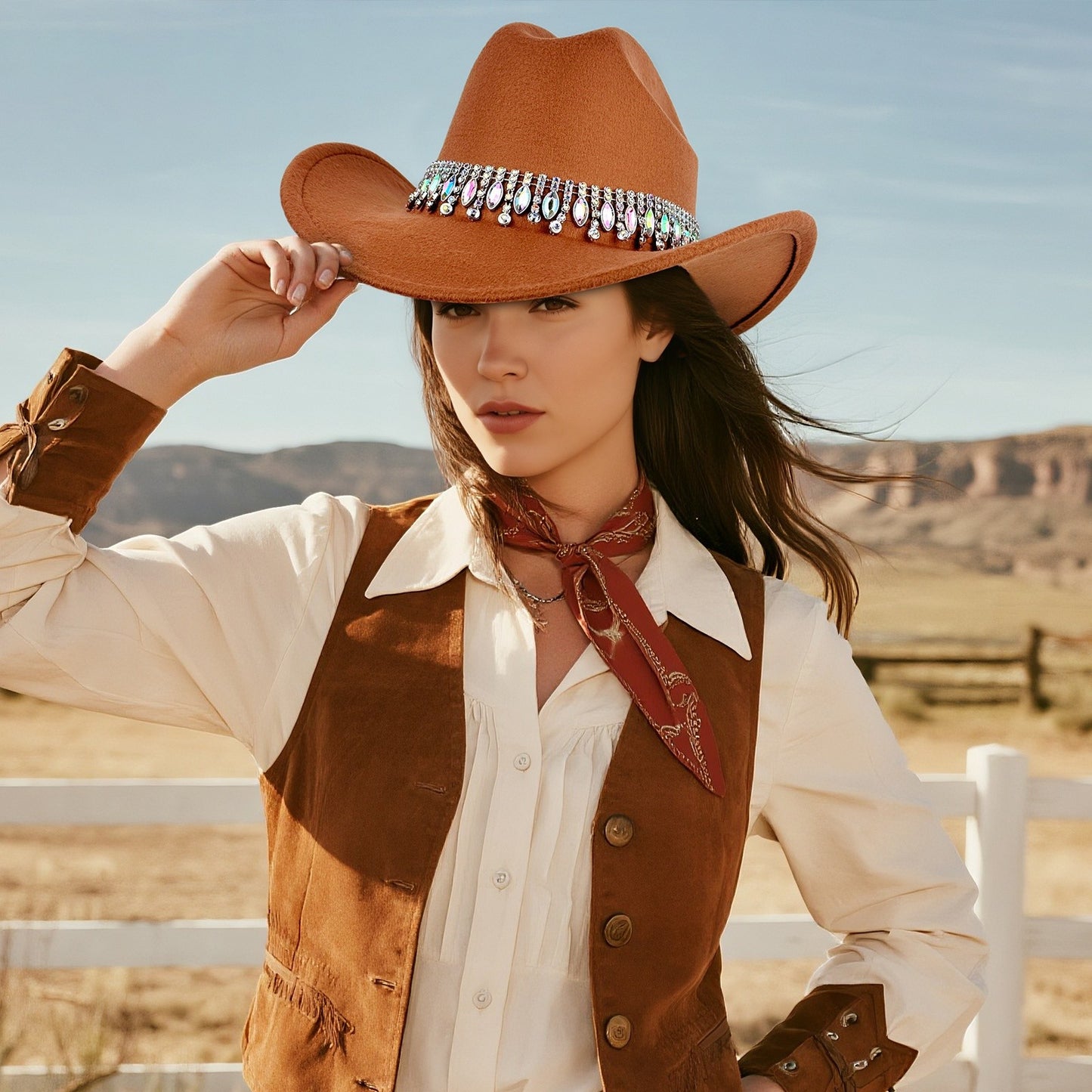 Retro Wide Brim Cowboy Hat with Rhinestone Chain Sparkly Western Hat - Boniskiss