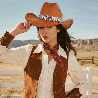 Retro Wide Brim Cowboy Hat with Rhinestone Chain Sparkly Western Hat - Boniskiss