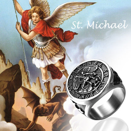 Boniskiss Michael Angel Ring for Men - Religious Amulet Signet Stainless Steel Band Ring