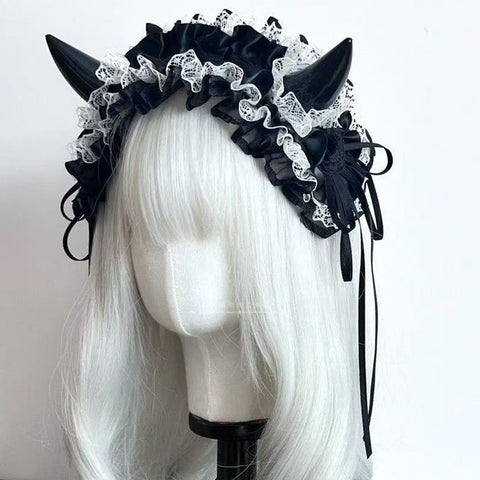 Boniskiss Halloween Devil Horn Headband for Women- Gothic Lolita Lace Cosplay Hair Accessories Hat
