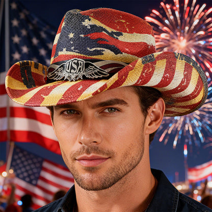 Chapeau de cowboy en paille à drapeau américain, taille ML - Boniskiss