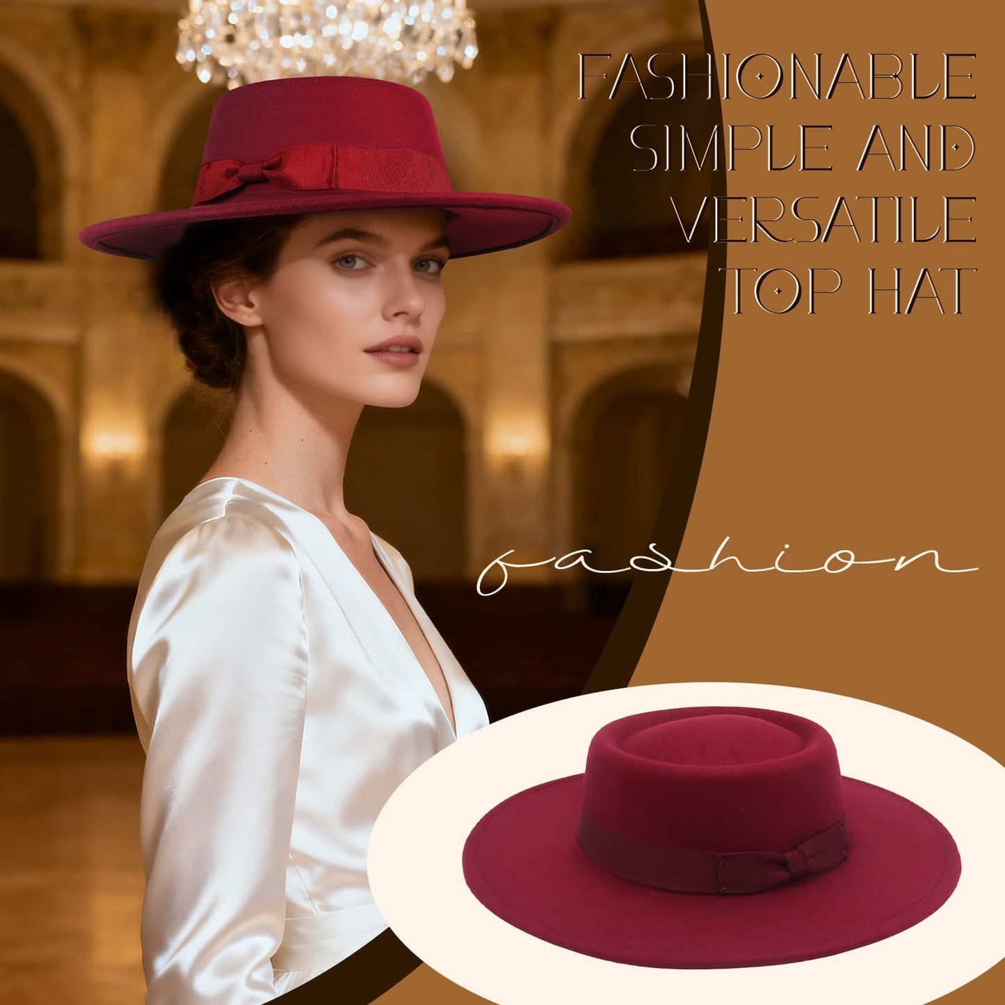 Chapeau Fedora classique en cachemire à large bord et nœud papillon - Boniskiss