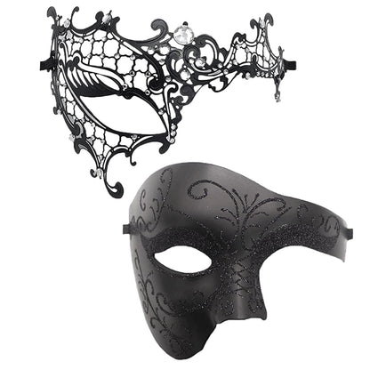 Boniskiss Couple's 2pcs Masquerade Ball Masks - Venetian Metal Mardi Gras Half Face Mask