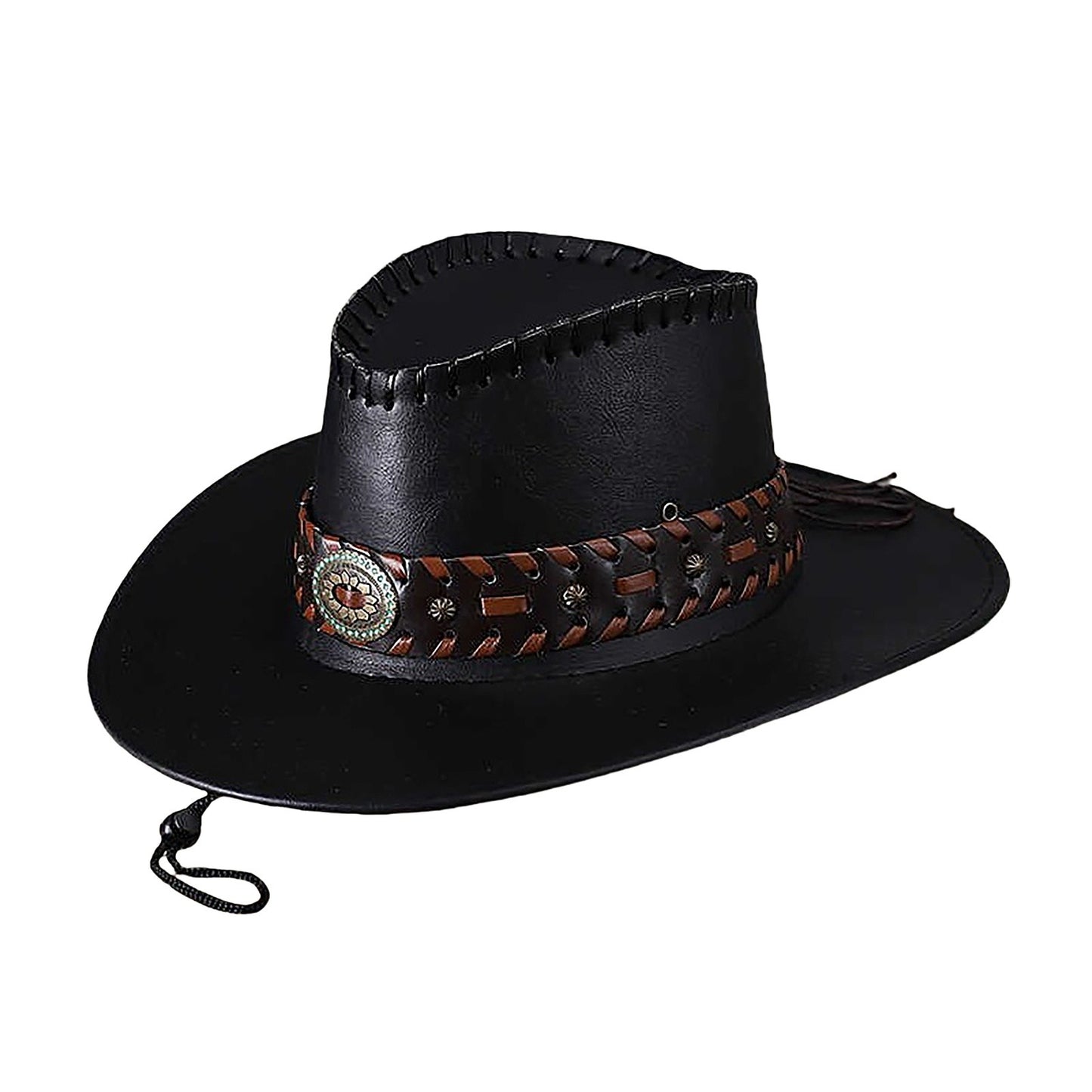 Faux Leather Western Cowboy Hat with Braided Band - Boniskiss