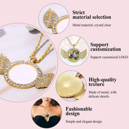 Personalized Photo Shiny CZ Angel Wings Custom Picture Chain Necklace - Boniskiss