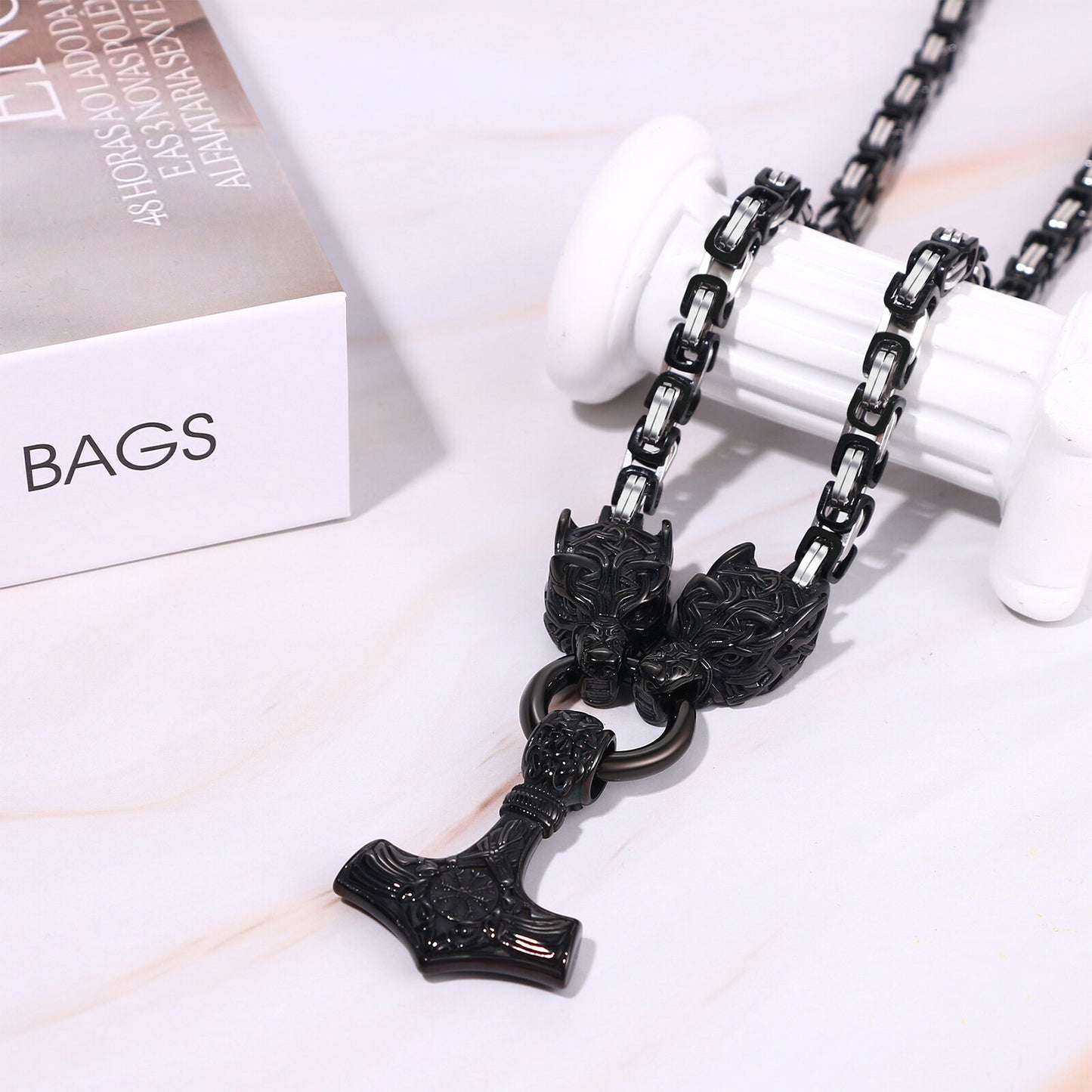 Mens Retro Viking Wolf Head Thor's Hammer Dangle Amulet Byzantine Chain Necklace