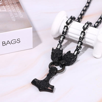 Mens Retro Viking Wolf Head Thor's Hammer Dangle Amulet Byzantine Chain Necklace