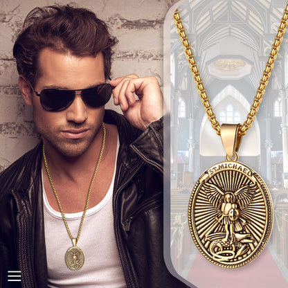 Boniskiss Christian Shield Medal Necklace - Saint Michael Angel Religious Amulet Pendant Necklace for Men