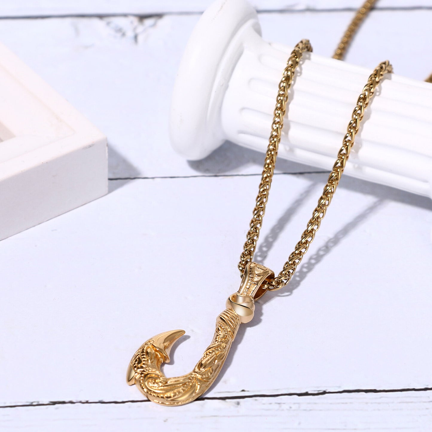 Boniskiss Men's Stainless Steel Lucky Fish Hook 3D Wave Pattern Casting Dangle Necklace Gift