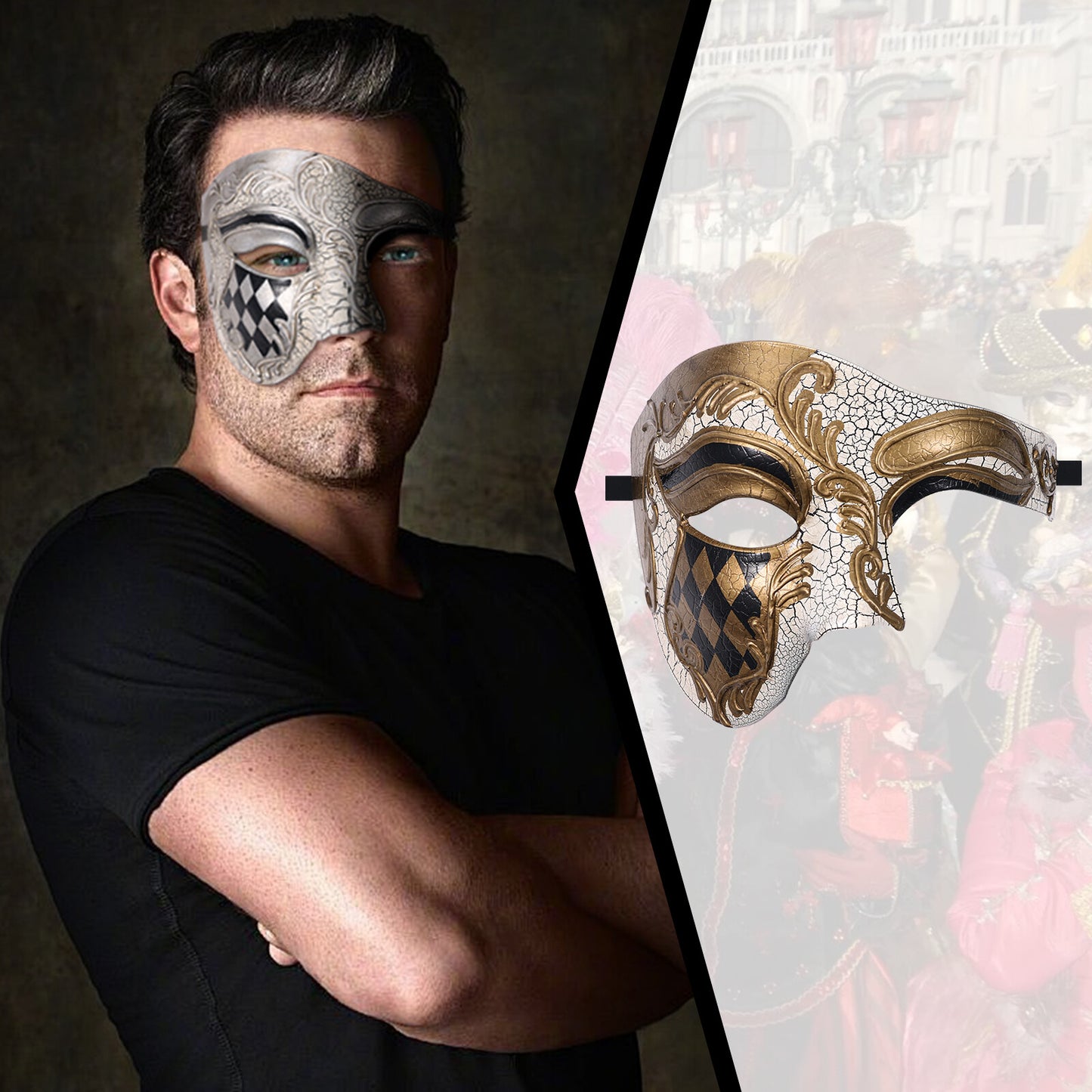 Boniskiss Men's Acanthus Checkerboard Pattern Mask - Venetian Phantom of the Opera Costume Half Face Mask for Masquerade & Ball