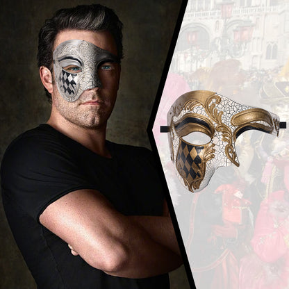 Boniskiss Men's Acanthus Checkerboard Pattern Mask - Venetian Phantom of the Opera Costume Half Face Mask for Masquerade & Ball