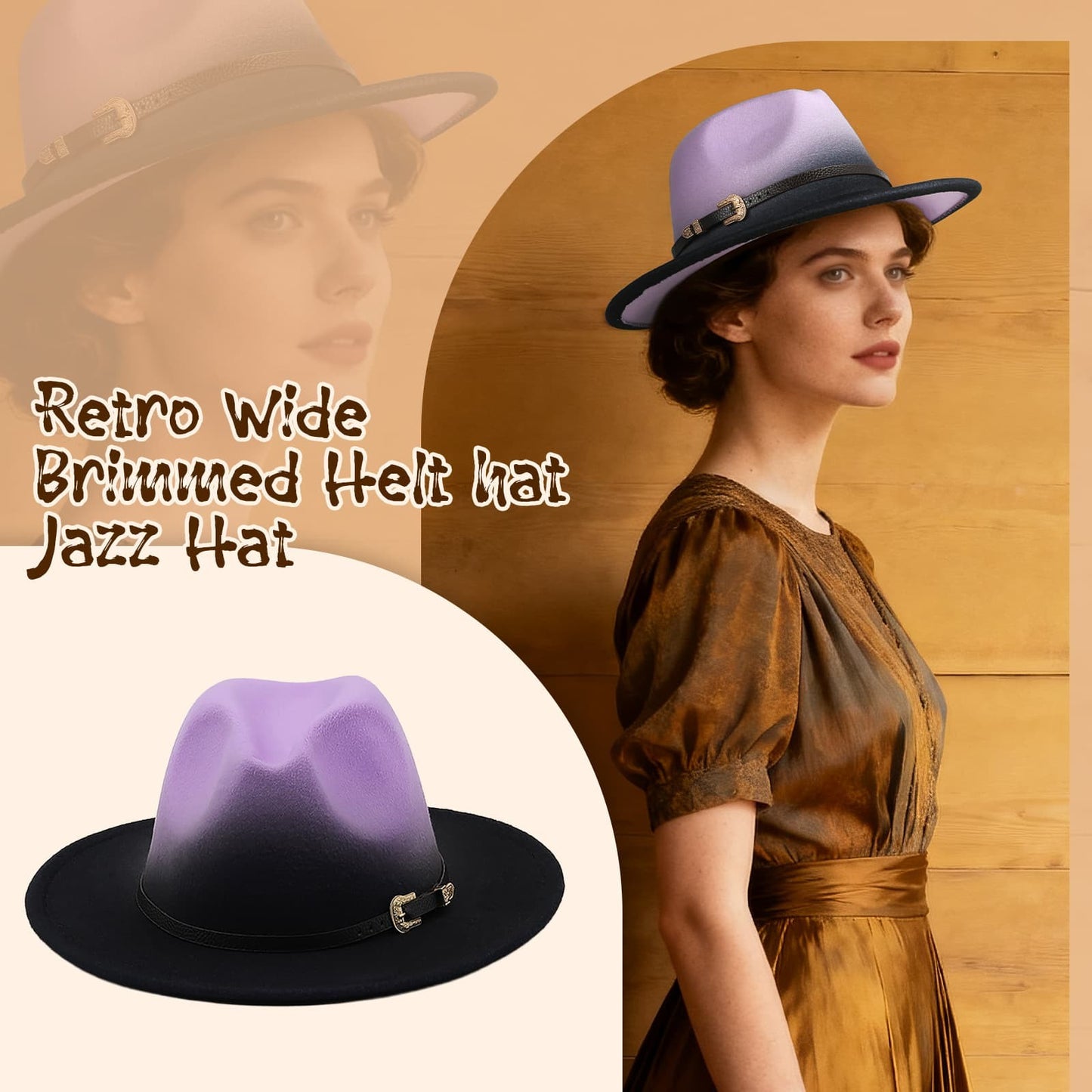 Chapeau de jazz rétro en feutre de laine à bord plat dégradé - Boniskiss