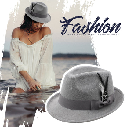 Classic Fedora Hat Short Brim Felt Feather Hat | Size M-L- Boniskiss