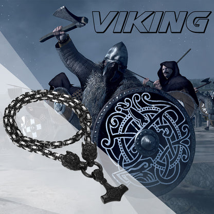 Mens Retro Viking Wolf Head Thor's Hammer Dangle Amulet Byzantine Chain Necklace