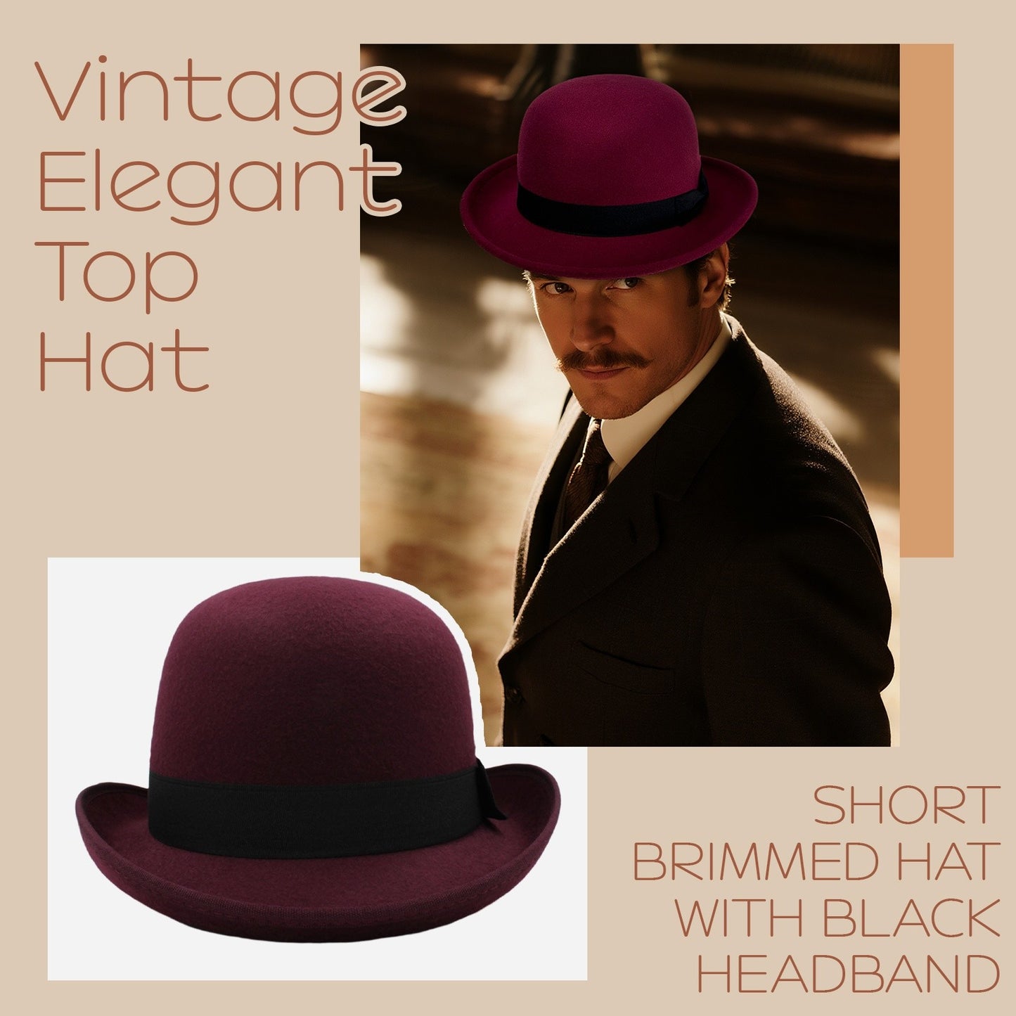 Vintage Elegant Bowler Dome Hat Retro Short Brim Fedora Hat with Hatband - Boniskiss