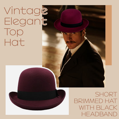 Vintage Elegant Bowler Dome Hat Retro Short Brim Fedora Hat with Hatband - Boniskiss