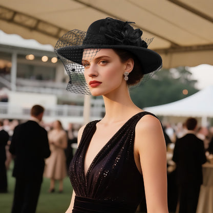 Cloche Veiled Church Felt Hat with Flower Decoration - Boniskiss