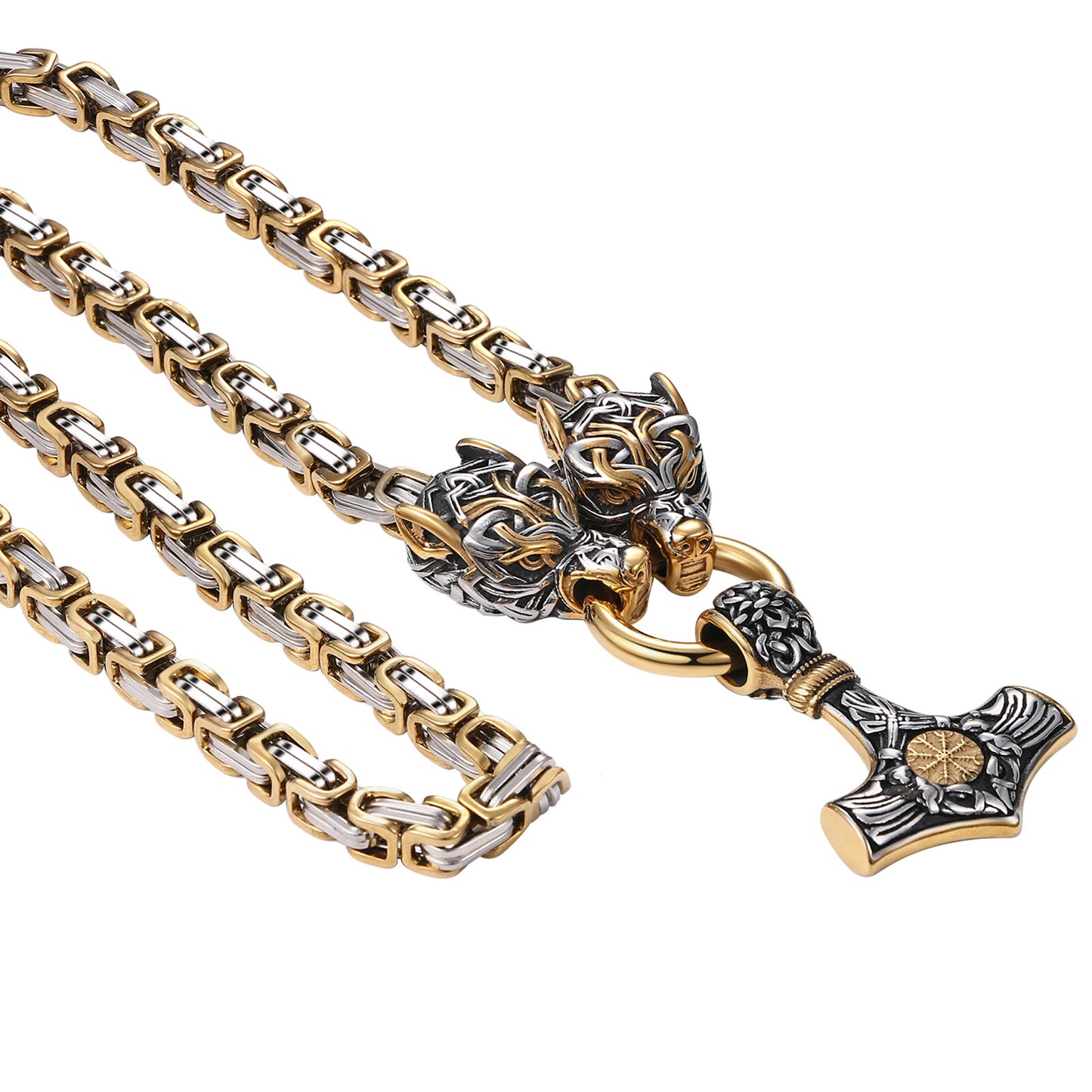 Mens Retro Viking Wolf Head Thor's Hammer Dangle Amulet Byzantine Chain Necklace