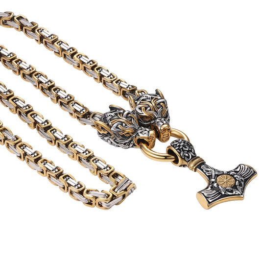 Mens Retro Viking Wolf Head Thor's Hammer Dangle Amulet Byzantine Chain Necklace
