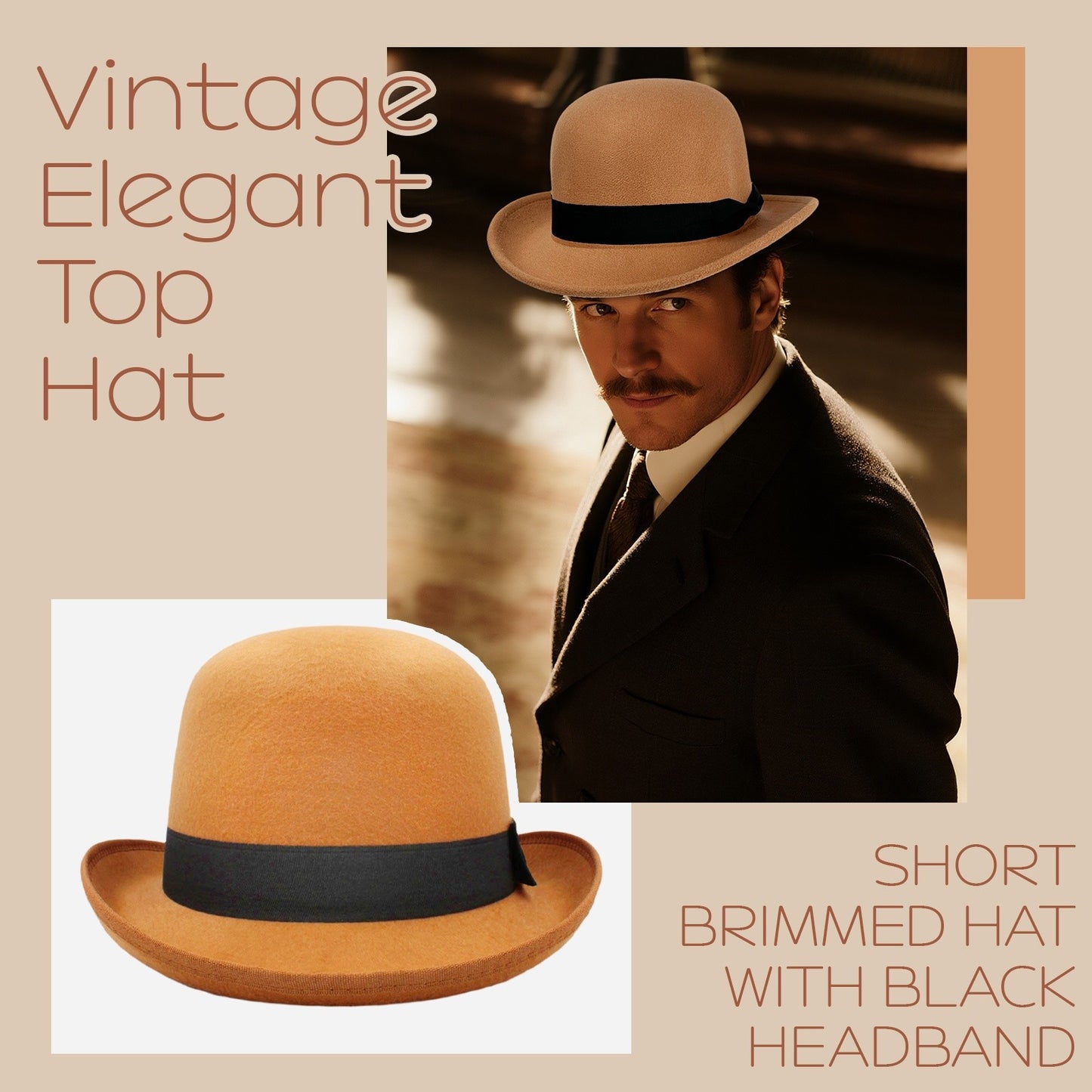 Vintage Elegant Bowler Dome Hat Retro Short Brim Fedora Hat with Hatband - Boniskiss