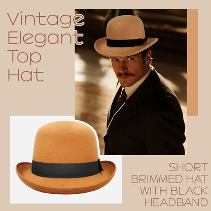 Vintage Elegant Bowler Dome Hat Retro Short Brim Fedora Hat with Hatband - Boniskiss
