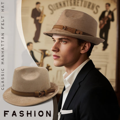 Classic Short Brim Fedora Trilby Jazz Hat with Belt - Boniskiss